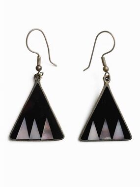 Vintage Mexico Silver Black Triangle Inlay Drop Pierced Earrings